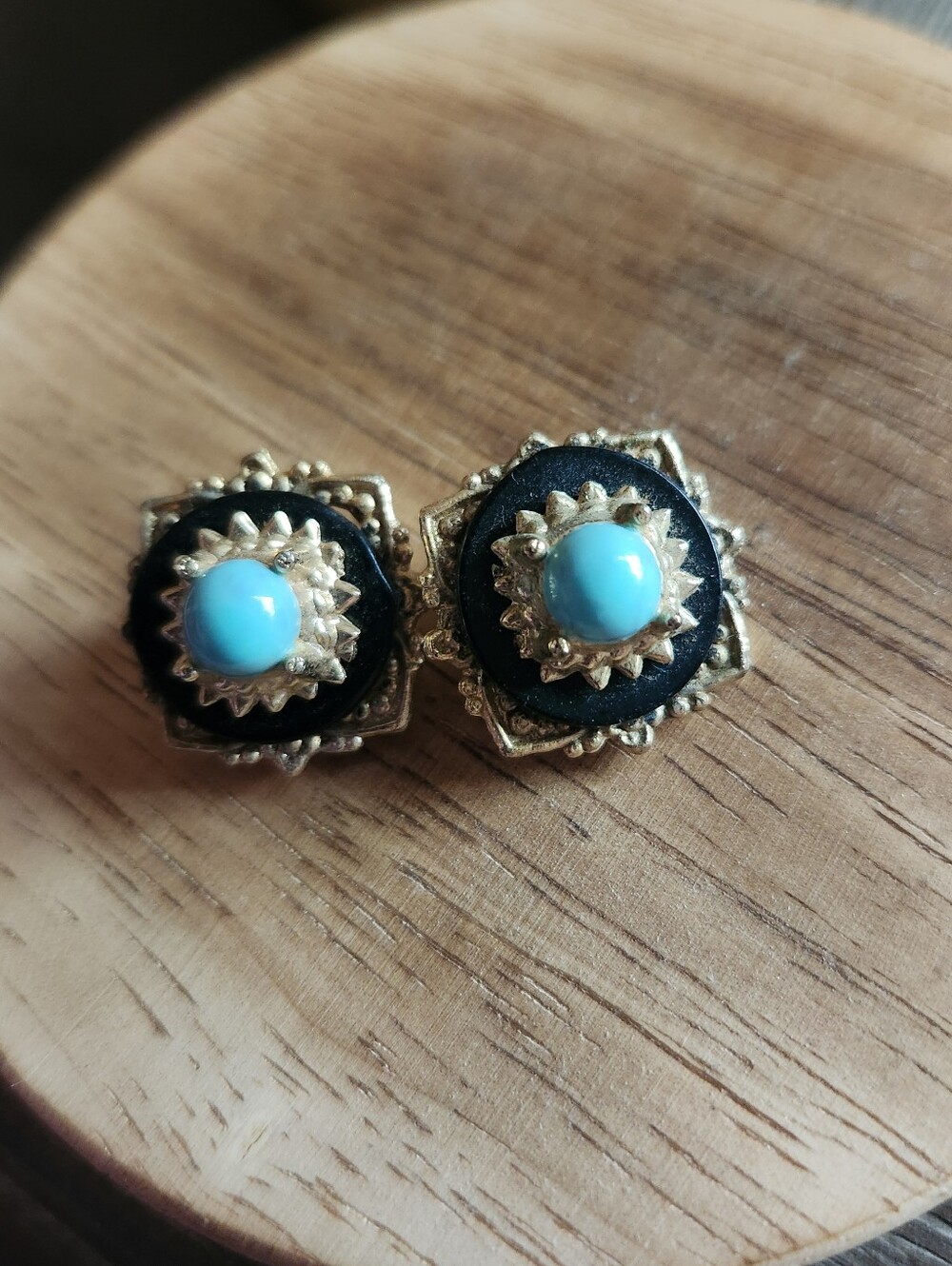 Gold-Tone Black & Turquoise Button Earrings - Vintage